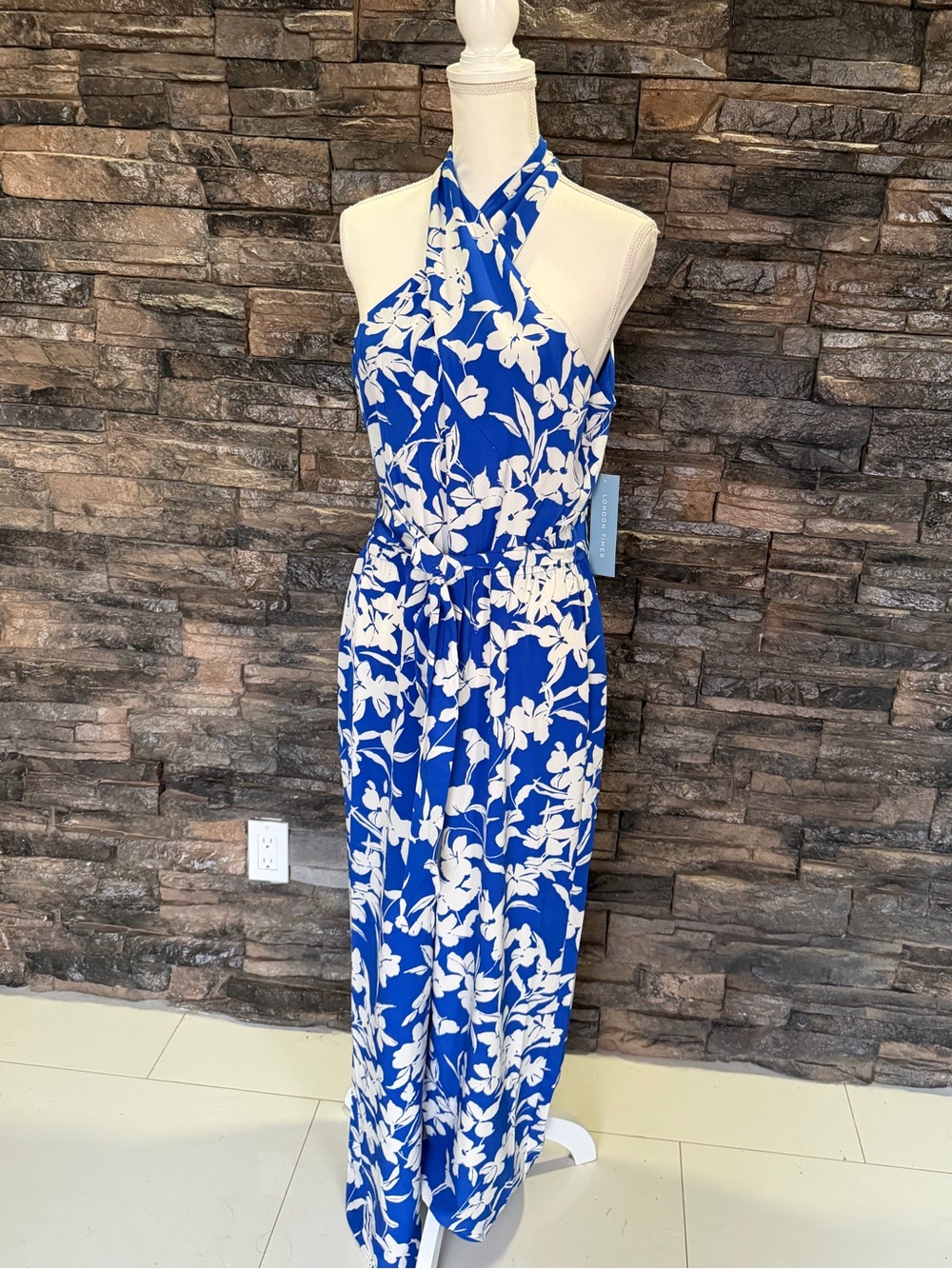 London Times Blue and White Floral Halter Maxi - Picture 2 of 16